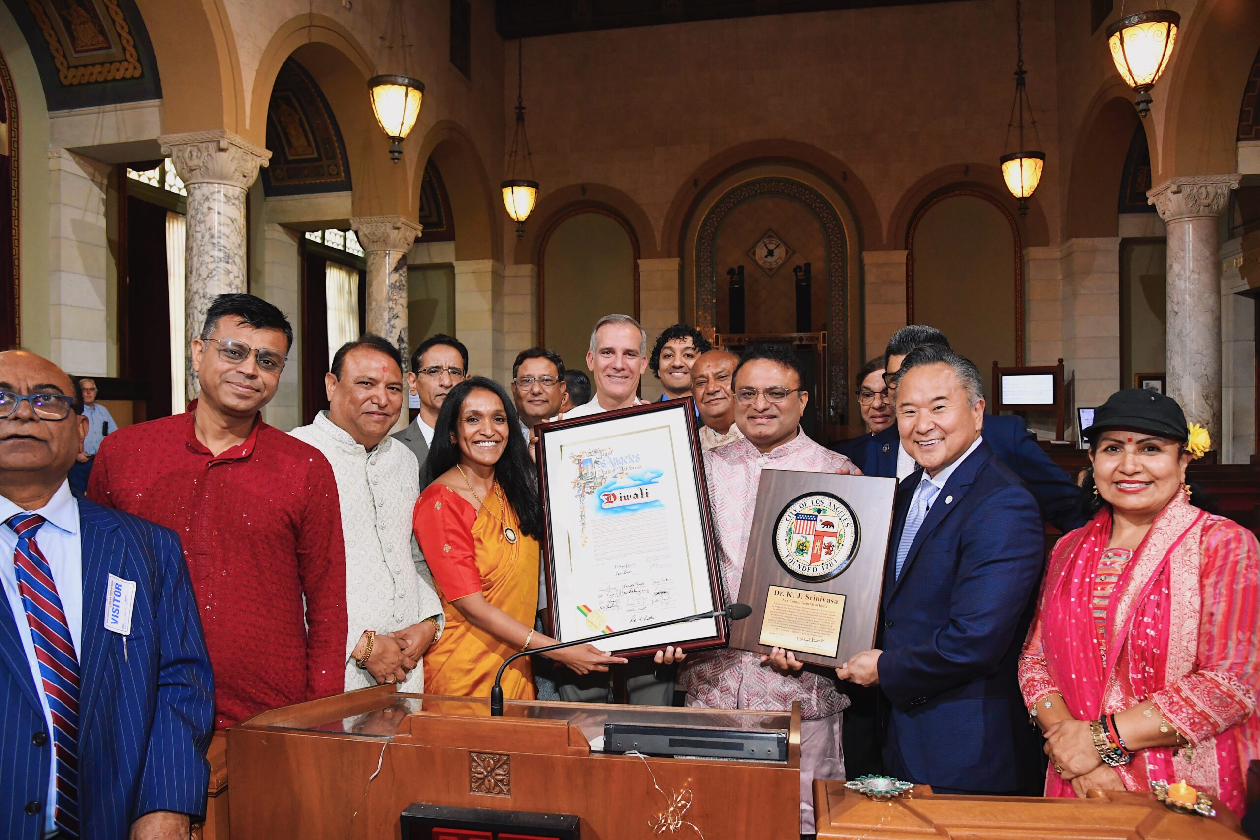 Councilmember Raman presents a Diwali Resolution to the Consul General of India