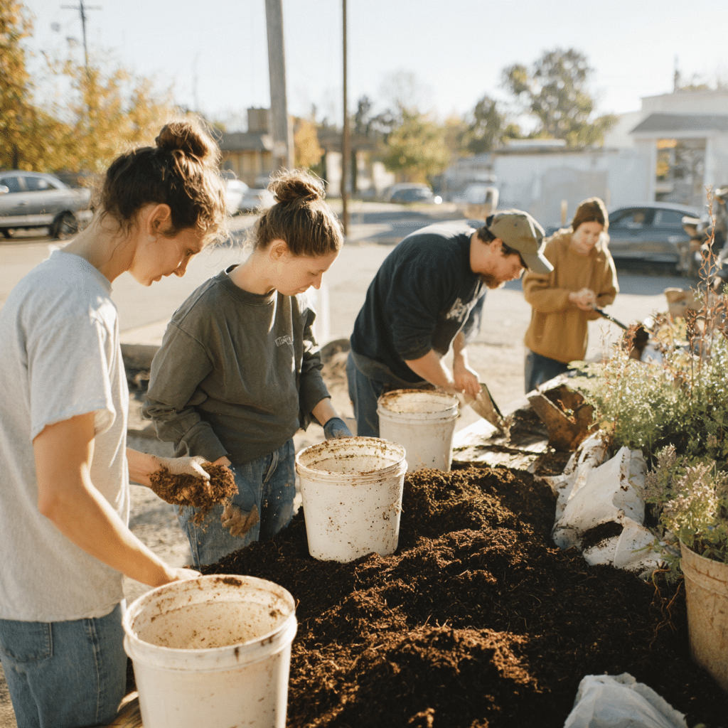 Four people outdoors fill white buckets with soil or compost, working together at a table with plants and gardening supplies on a sunny day.